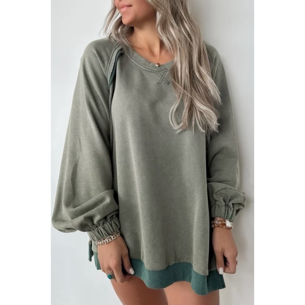 POL Olive Green Criss Cross Back Pullover | Vintage Wash French Terry Sweatshirt - Picture 10 of 11